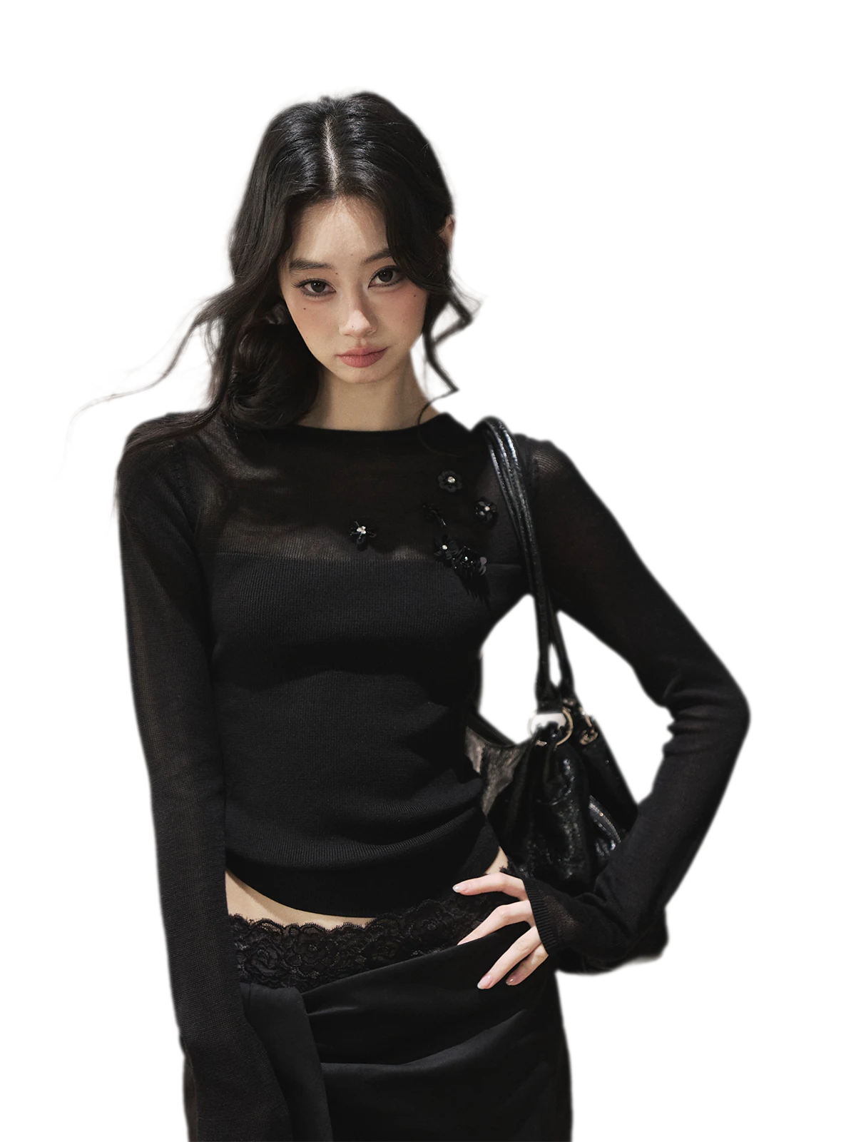 Sheer Cropped Long-Sleeve Top