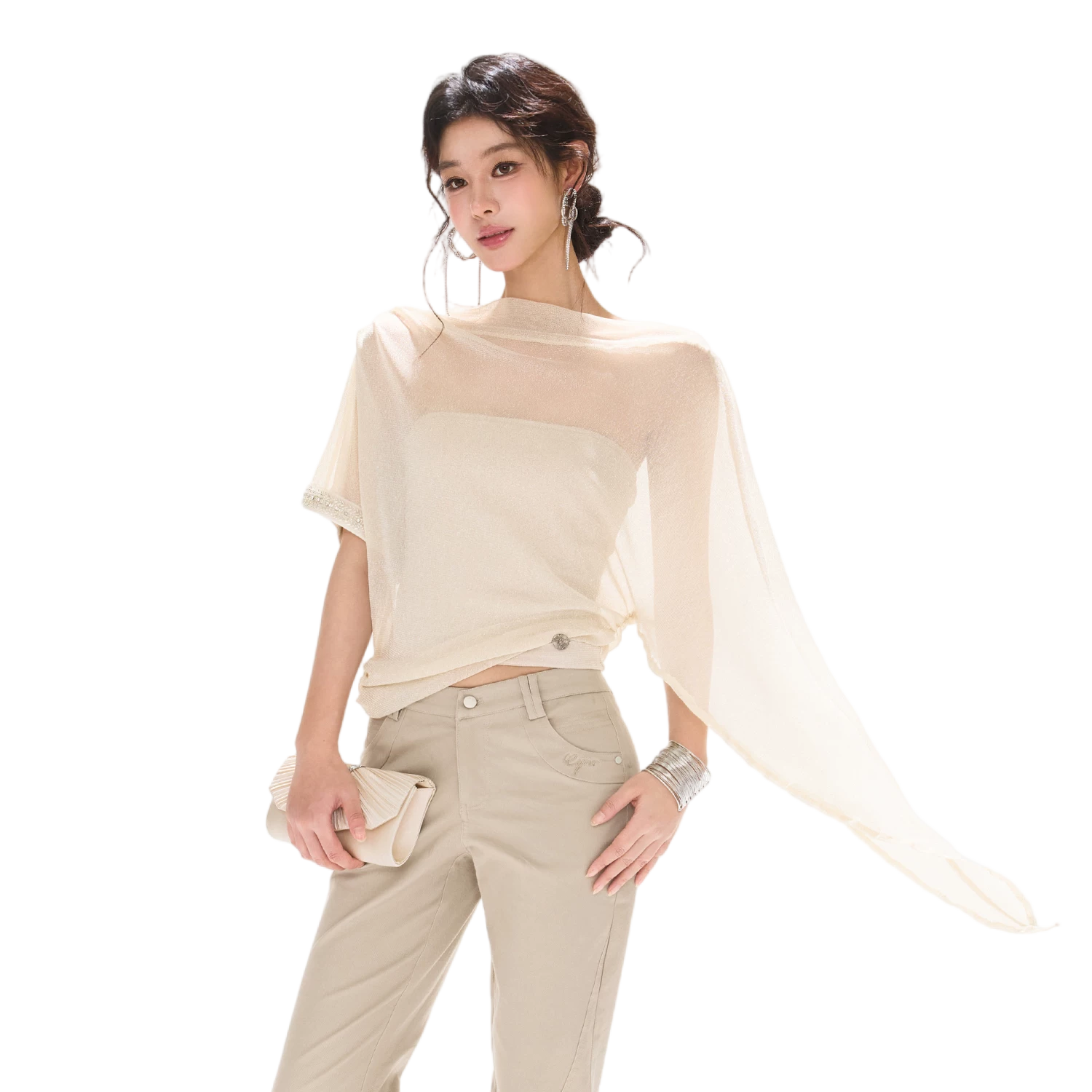 Silver Mesh Beaded Batwing Sleeve Top