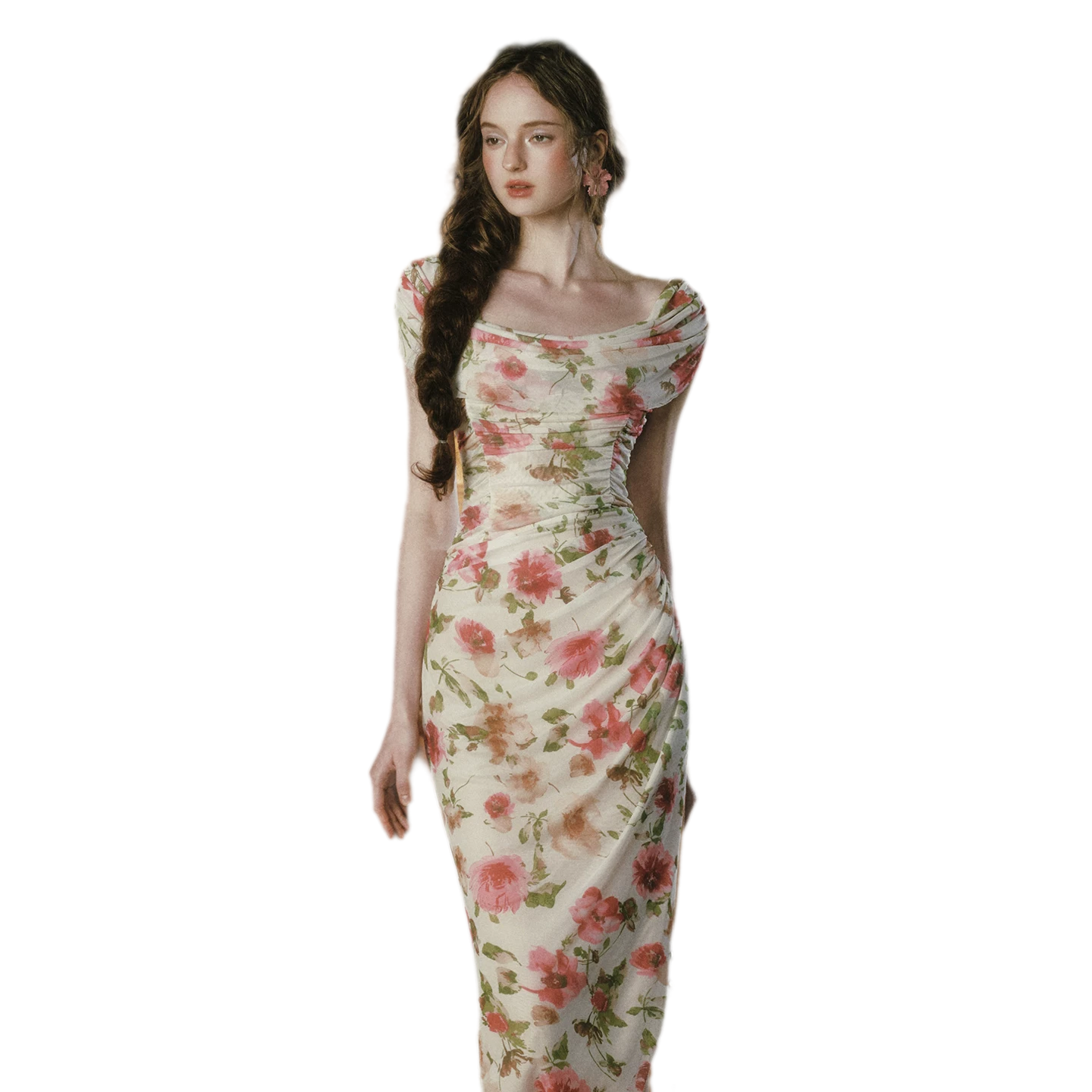 Printed Mesh Draped Dress