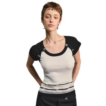Color Block U-Neck Short Sleeve T-Shirt