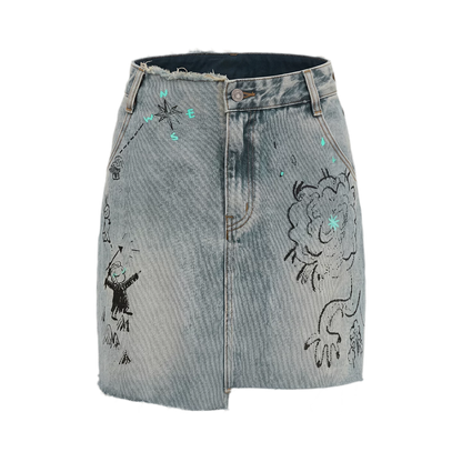 Washed Graffiti A-Line Denim Skirt