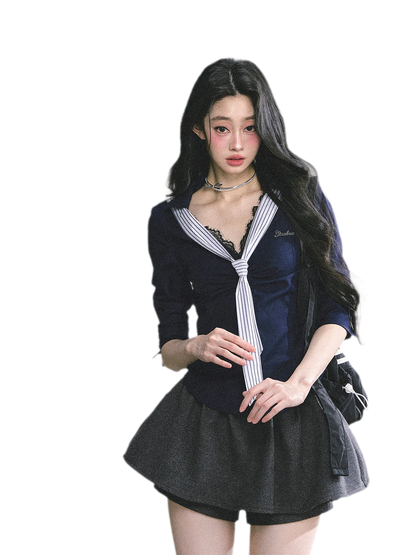細條紋蕾絲 Polo 衫