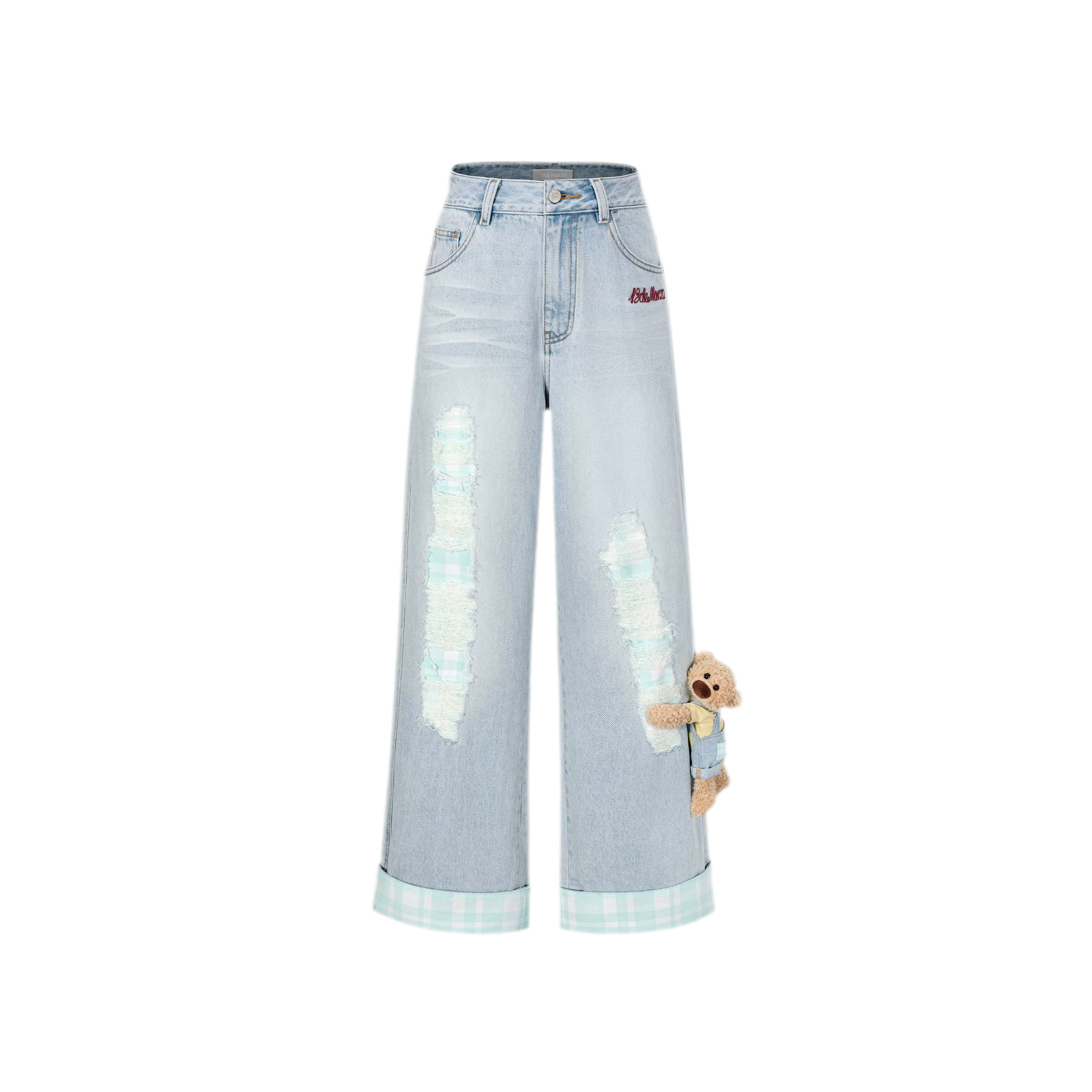 Plaid Cuff Embroidered Jeans