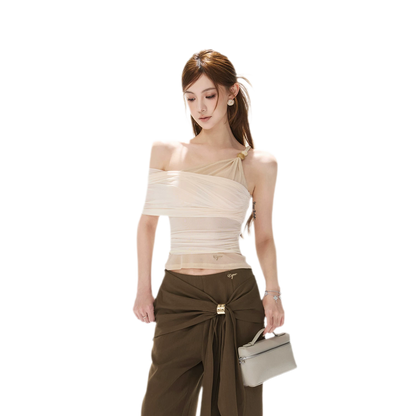 Beaded Ruched Mesh Top