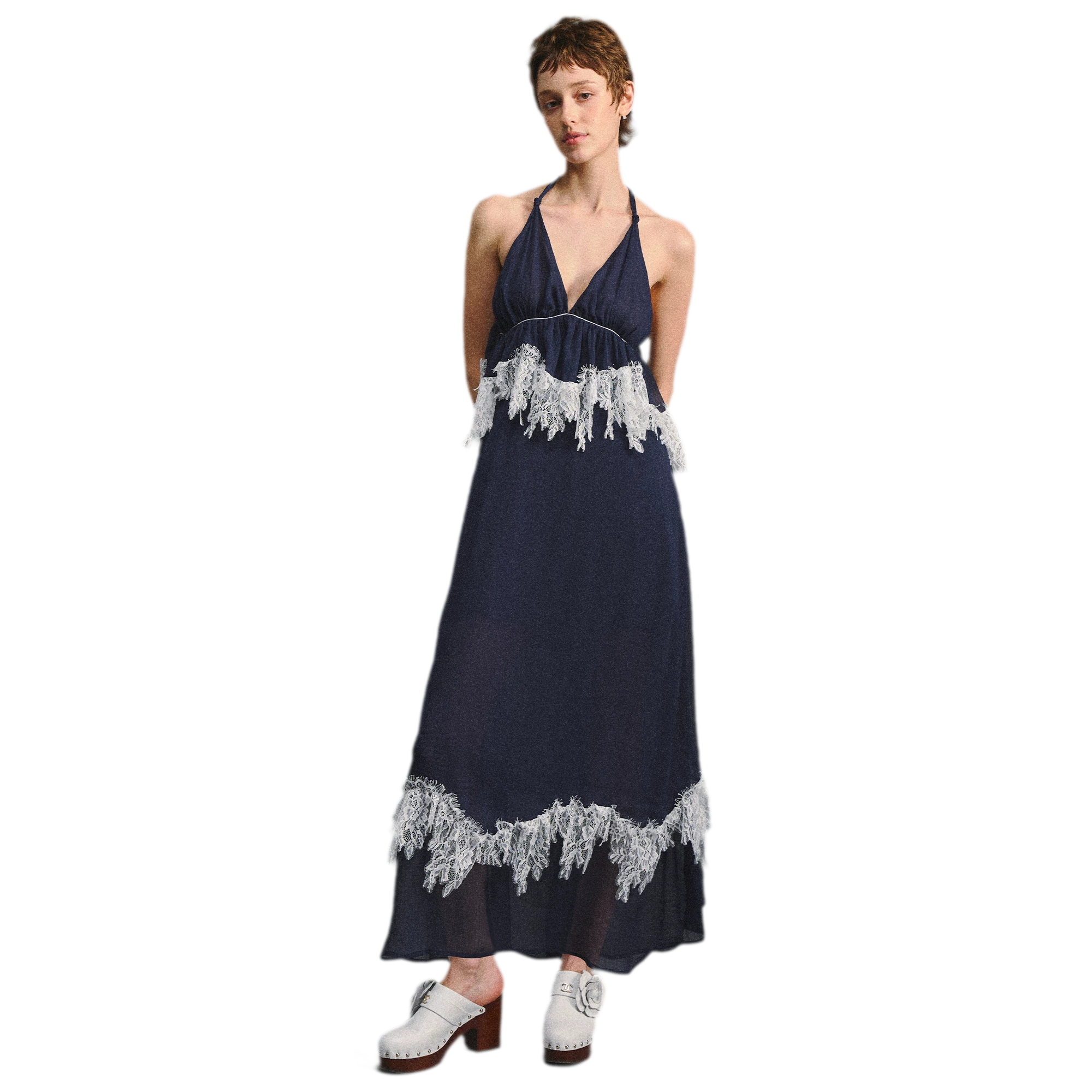 Deep V Halter Maxi Dress in Serene Blue