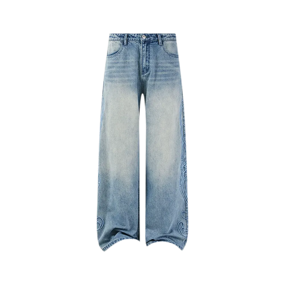 Washed Embroidered Wide-Leg Jeans