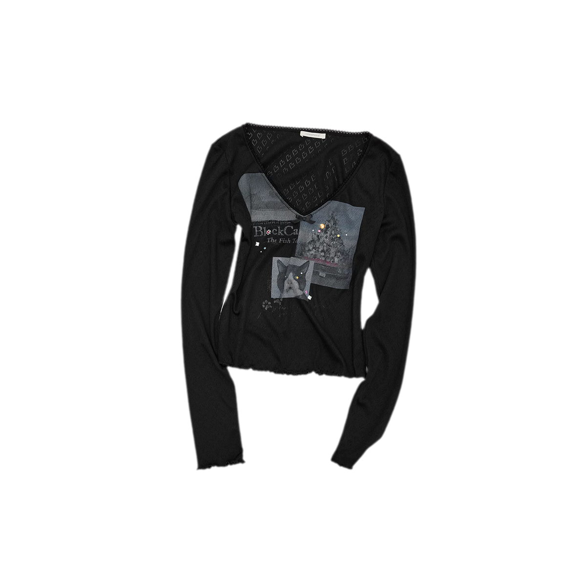 Camiseta de manga larga con ribete de encaje y pedrería