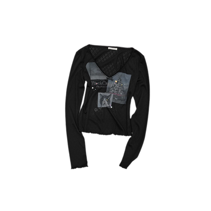 Camiseta de manga larga con ribete de encaje y pedrería