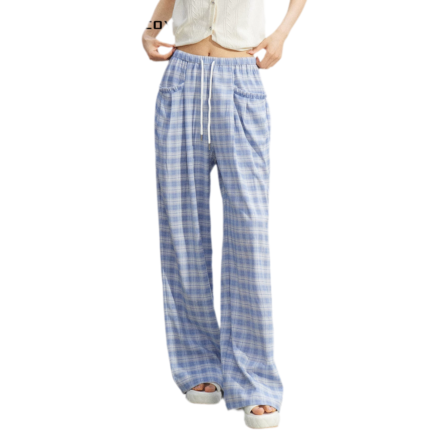 Lace Trim Plaid Wide-Leg Pants