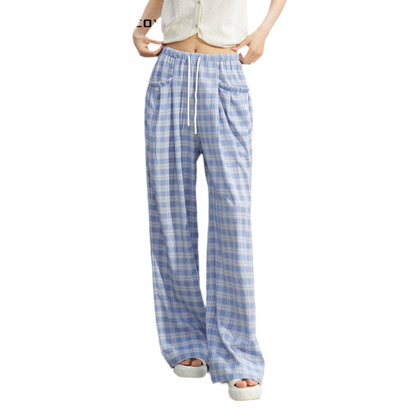 Lace Trim Plaid Wide-Leg Pants