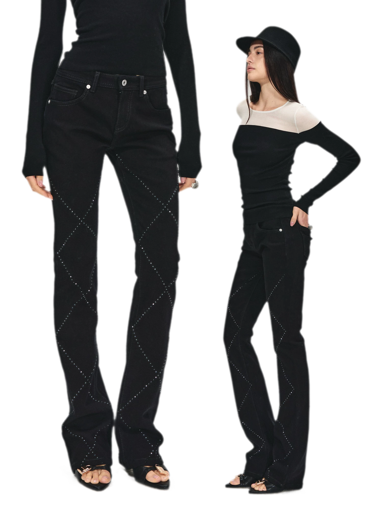Stylish Quilted Rhinestone Mid-Low Waist Black Slim Flared