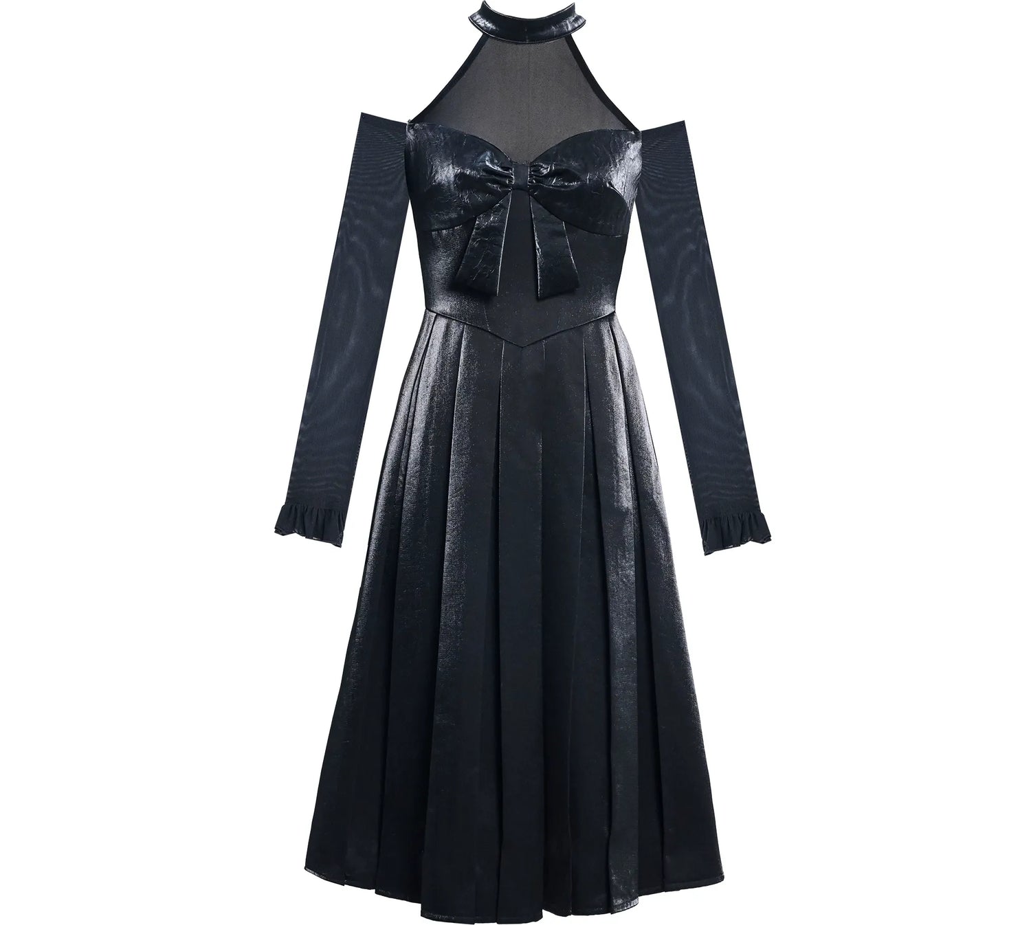 Glossy Halter Pleated Midi Dress