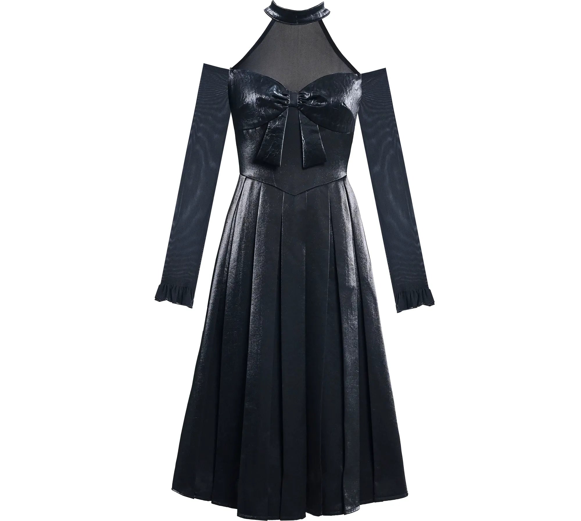Glossy Halter Pleated Midi Dress