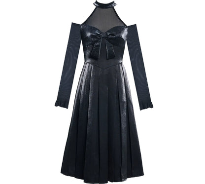 Glossy Halter Pleated Midi Dress