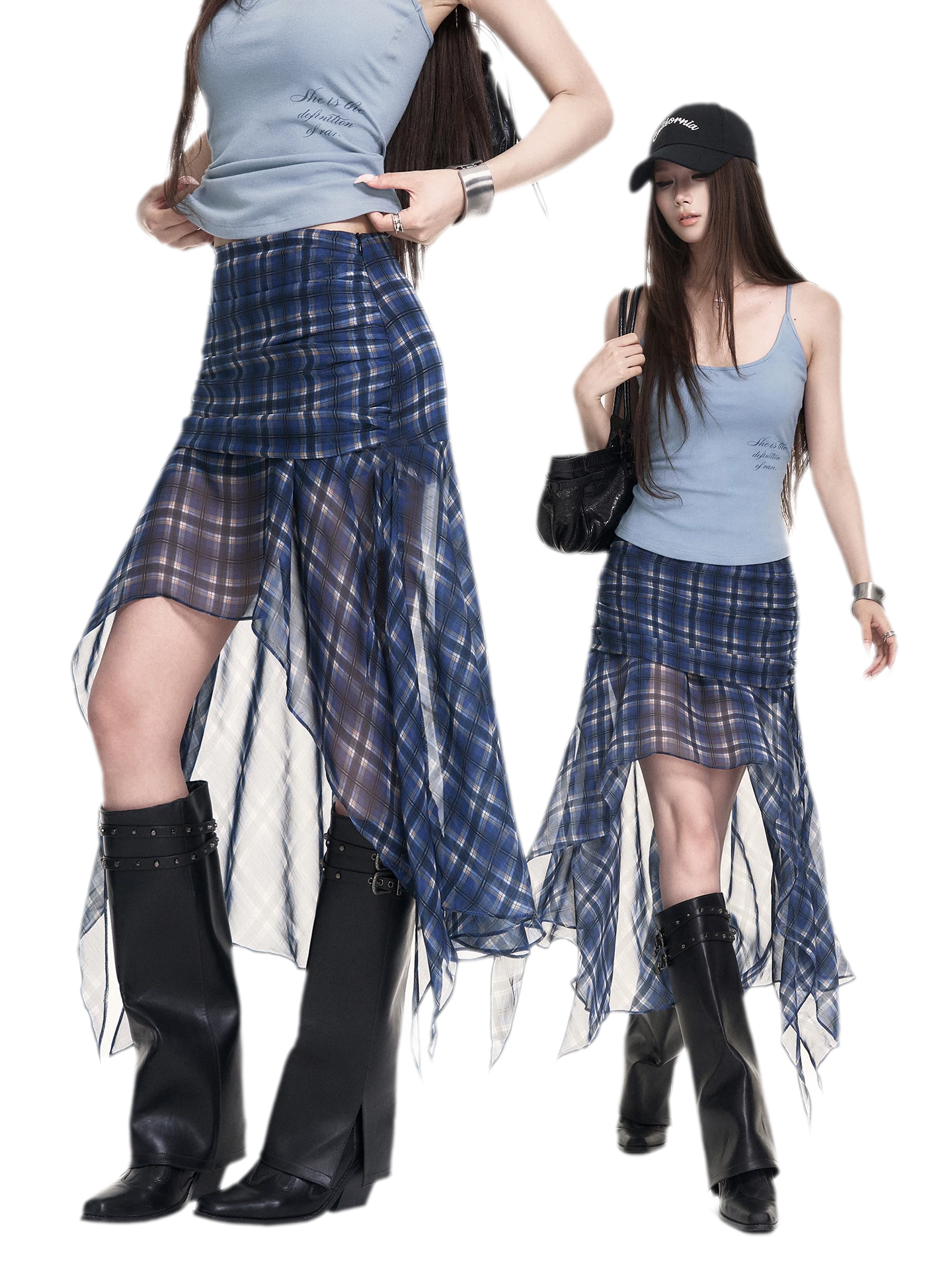 Blue Plaid Chiffon Skirt
