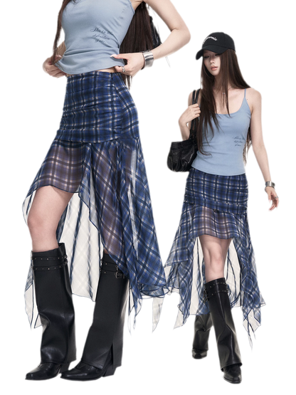 Blue Plaid Chiffon Skirt