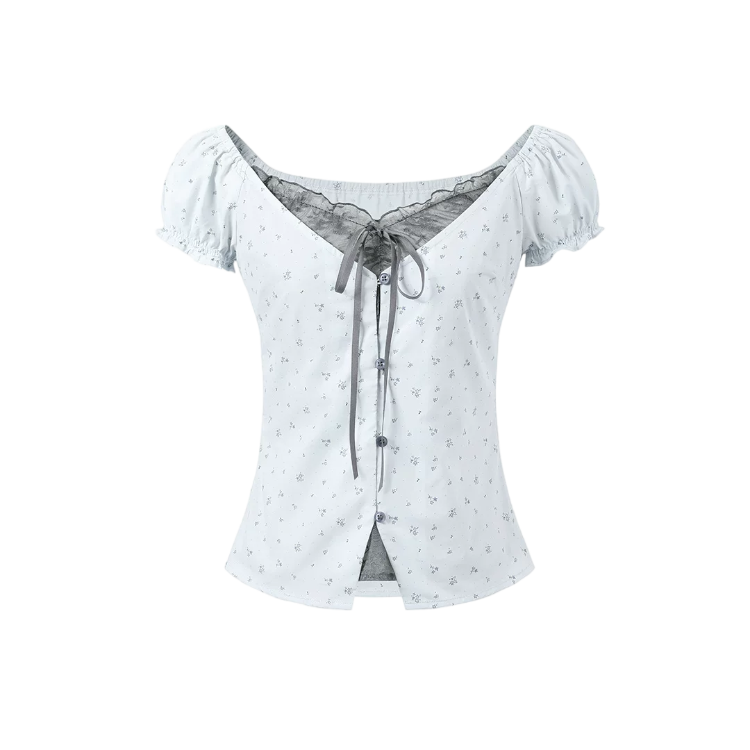 Sweet Elastic Puff Sleeve Lace Short Sleeve Top