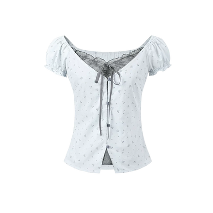 Sweet Elastic Puff Sleeve Lace Short Sleeve Top