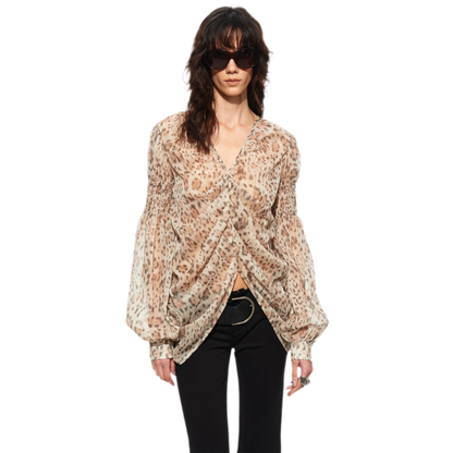 Pleated Bubble Sleeve Chiffon Blouse