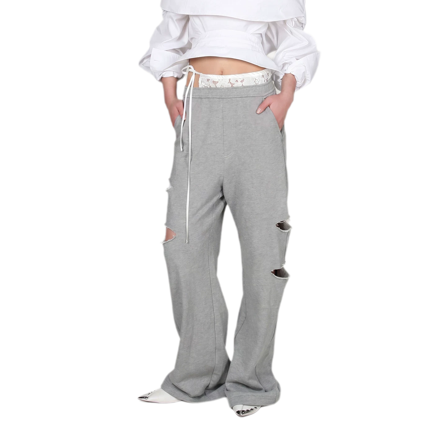 Lace Waist Distressed Pants