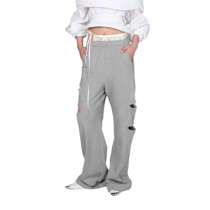 Lace Waist Distressed Pants