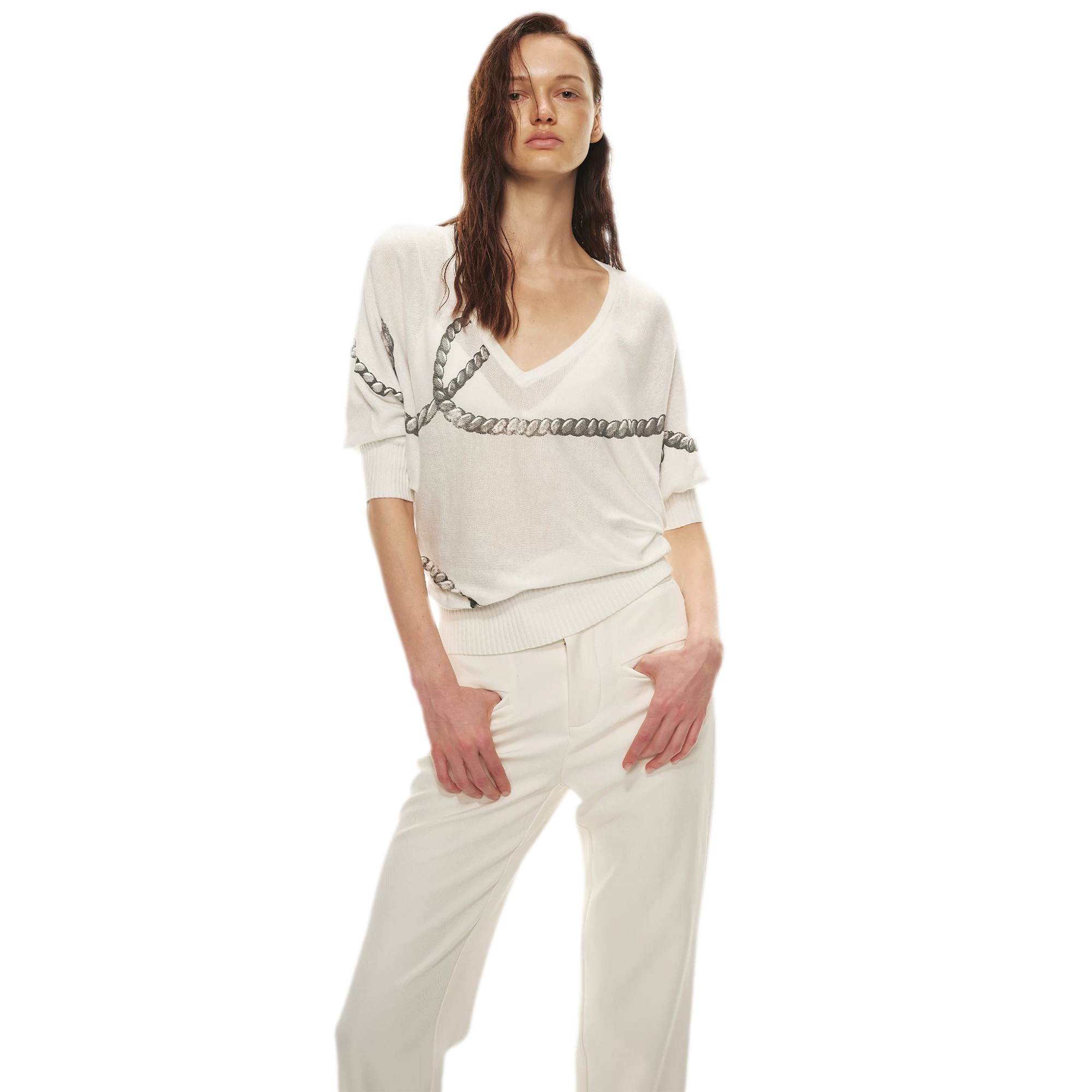 Sheer Asymmetric Chain Print Pullover Top
