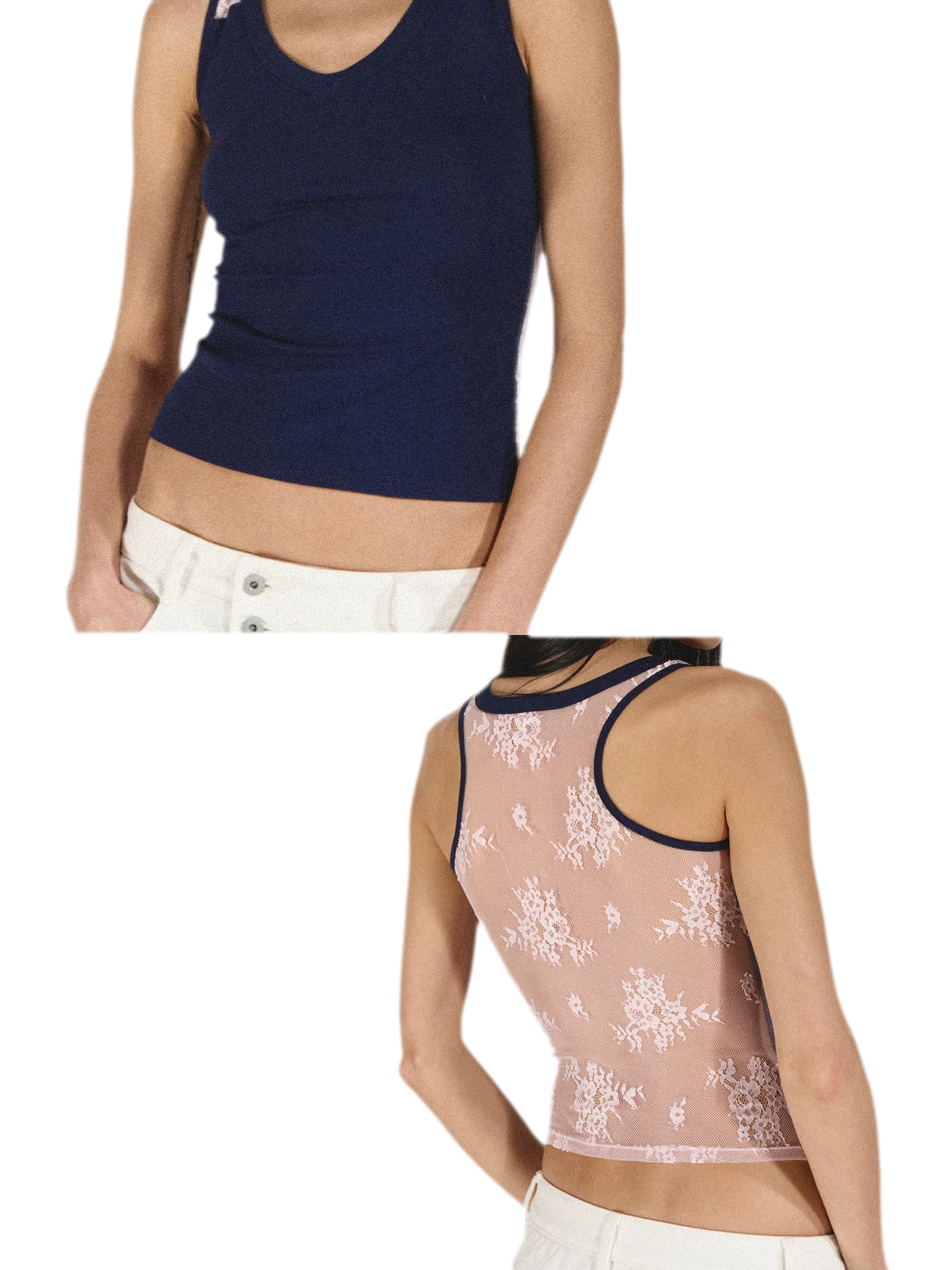 Lace Panel Slim Fit Striped Shoulder Vest Top