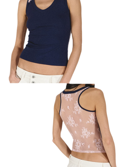 Lace Panel Slim Fit Striped Shoulder Vest Top