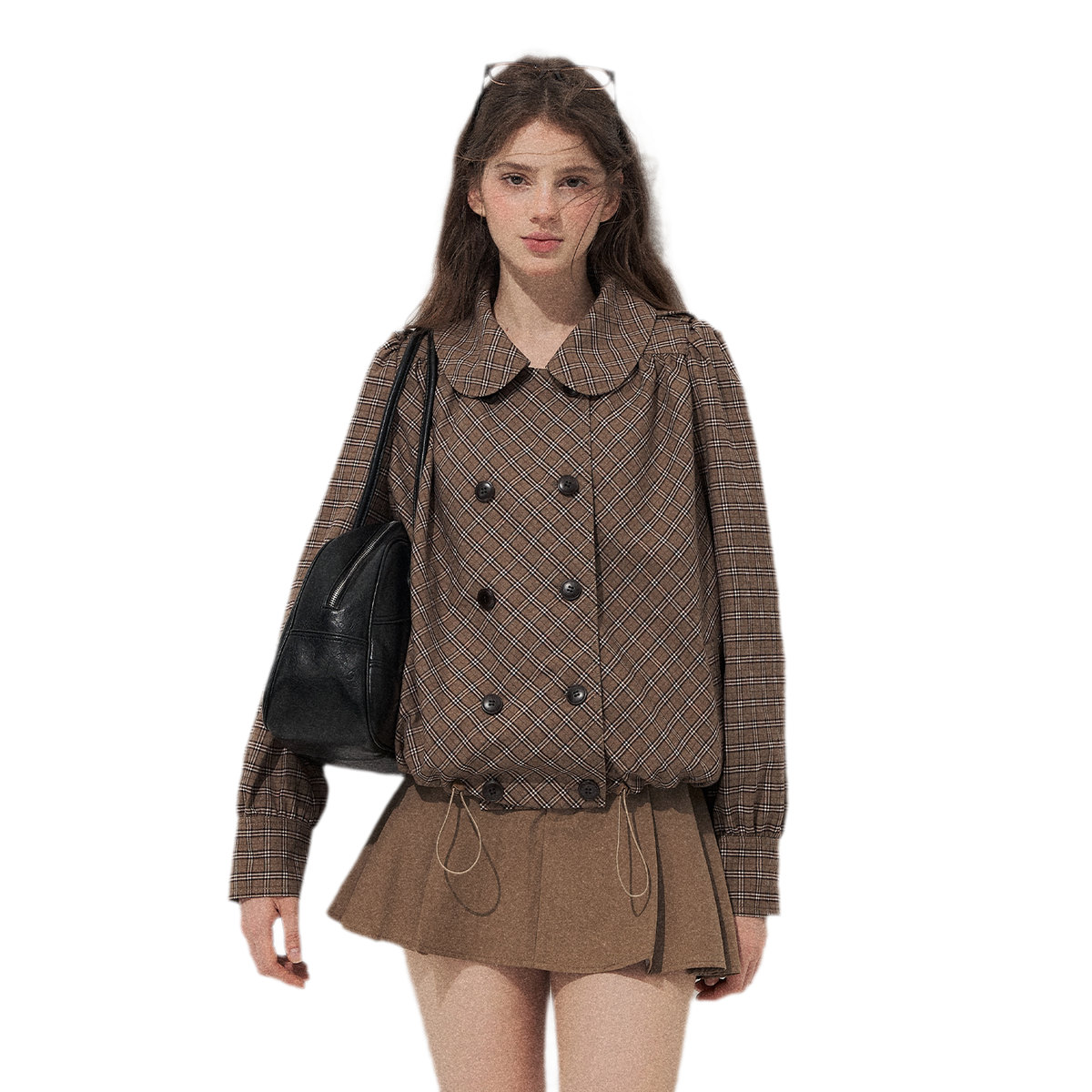 Conjunto de abrigo de cuadros con cuello Peter Pan