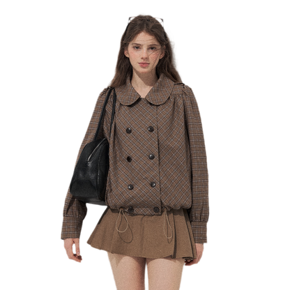Conjunto de abrigo de cuadros con cuello Peter Pan