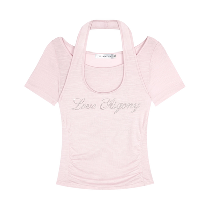 Lyocell Rhinestone Pleated Short Sleeve T-Shirt