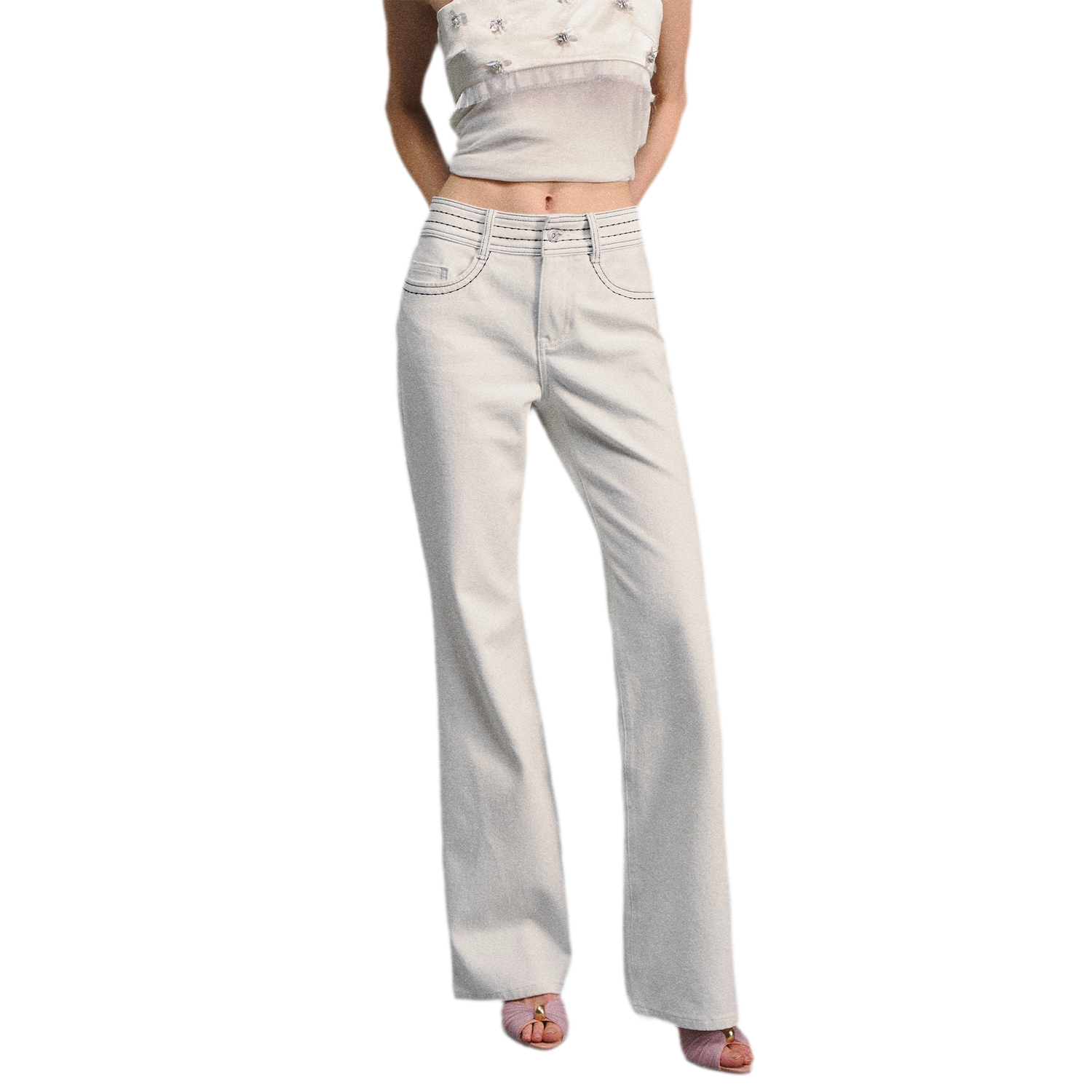 Textured White Contrast Waist Low-Rise Flared Pants