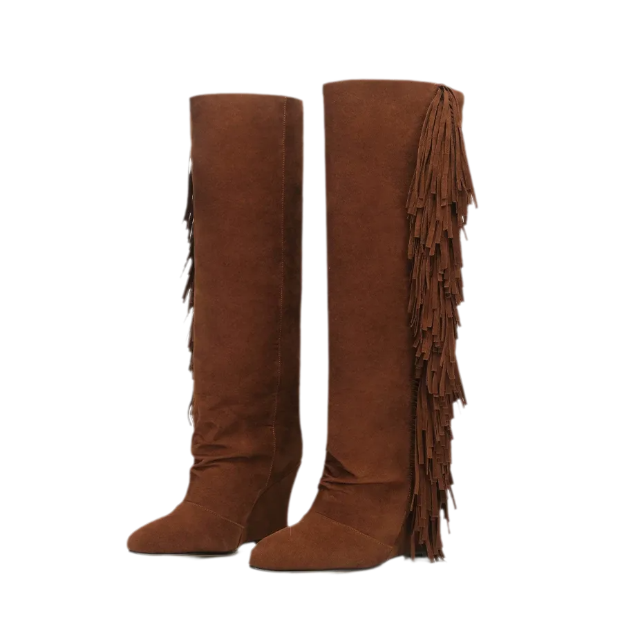 Suede Fringe Wedge Boots