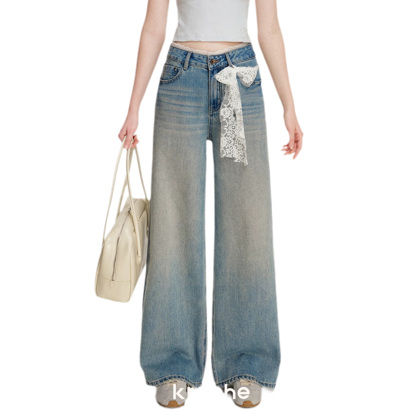 Lace-Trimmed Wide-Leg Denim Pants