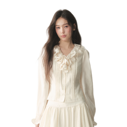 Conjunto de camisa y falda de lana con volantes