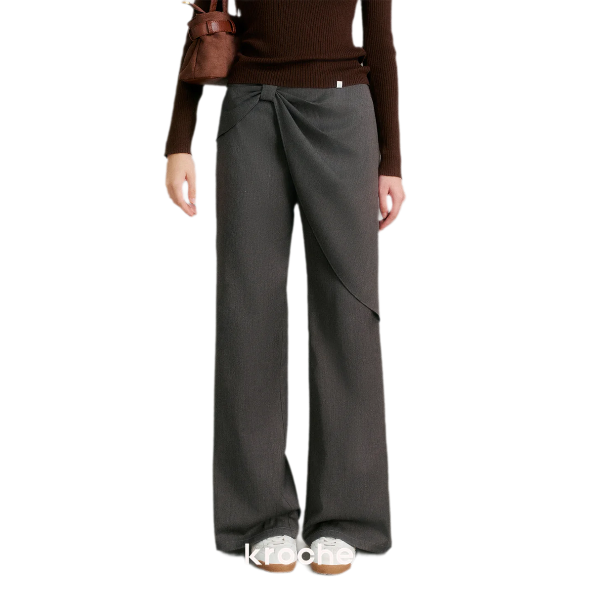 Misty Gray Bow Wide-Leg Pants