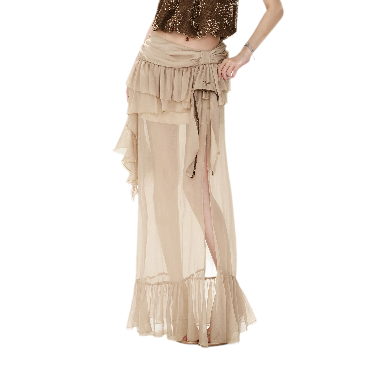 CYNR Sheer Ruffle High-Slit Skirt – Khaki Gray