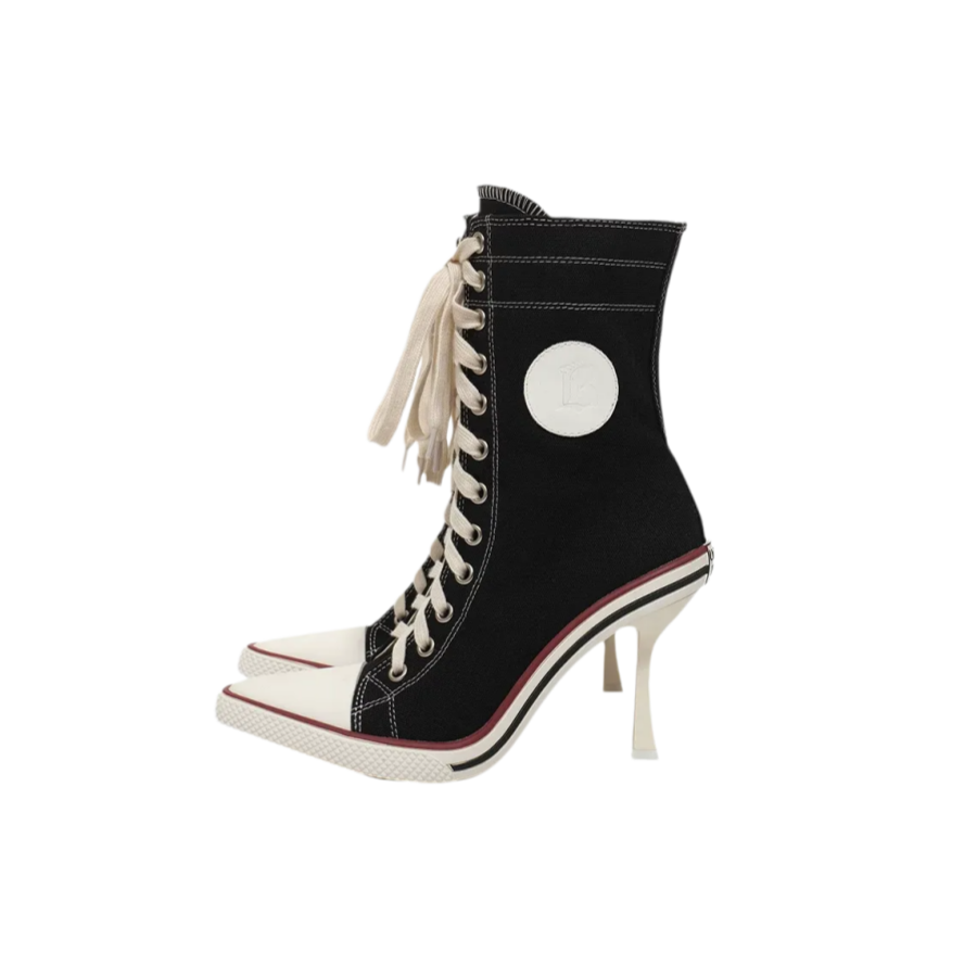Canvas Lace-Up High-Heel Boots