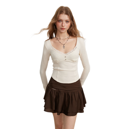 Lace Panel Cropped Long-Sleeve Top