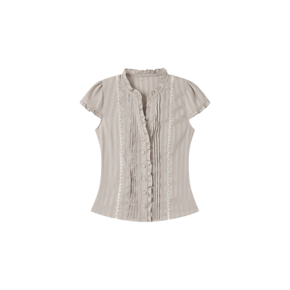 Ruffle Lace Waist-Trim Short Sleeve Shirt