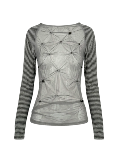 Sheer Studded Stripe Long-Sleeve Top