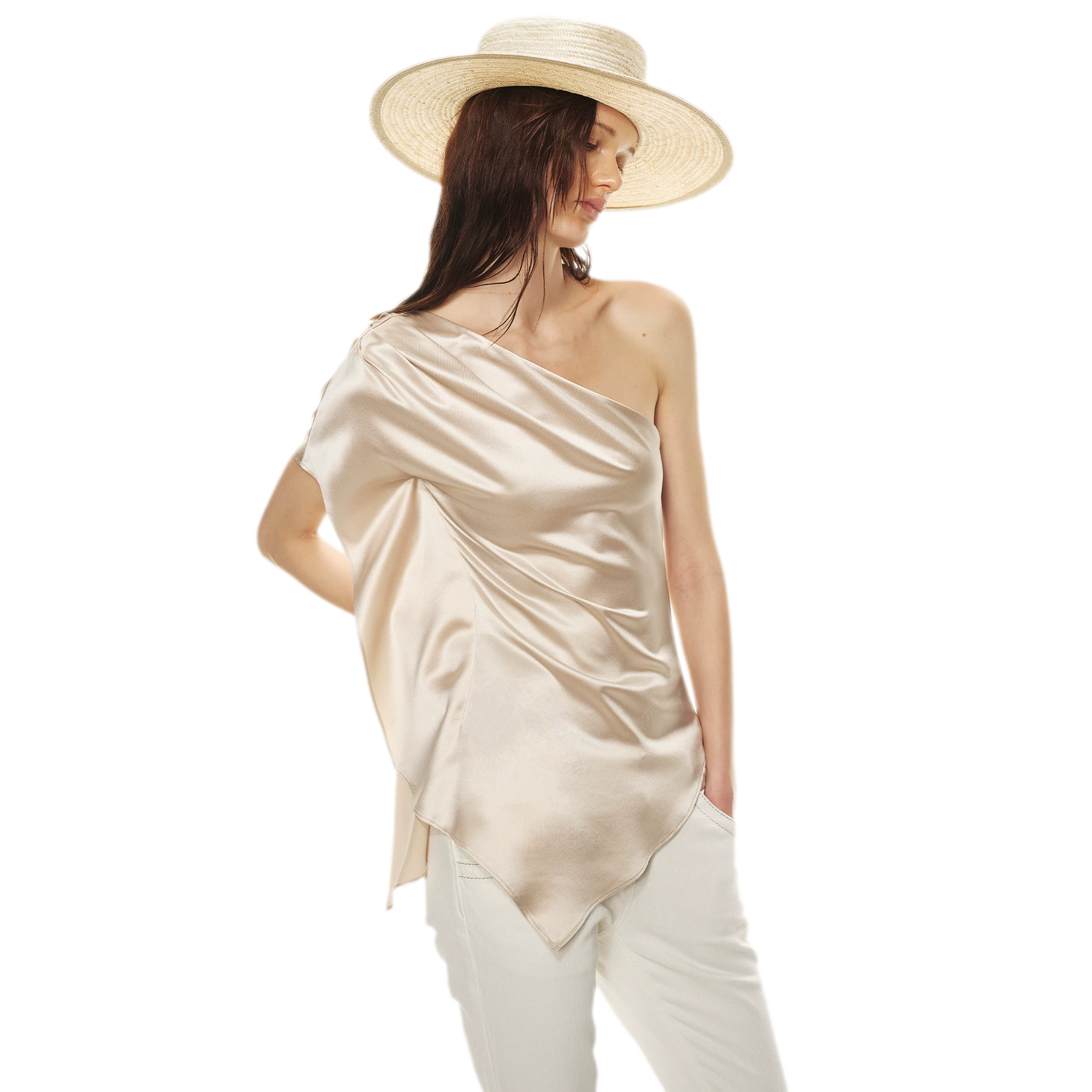 Asymmetric One-Shoulder Waist-Slimming Top in Apricot