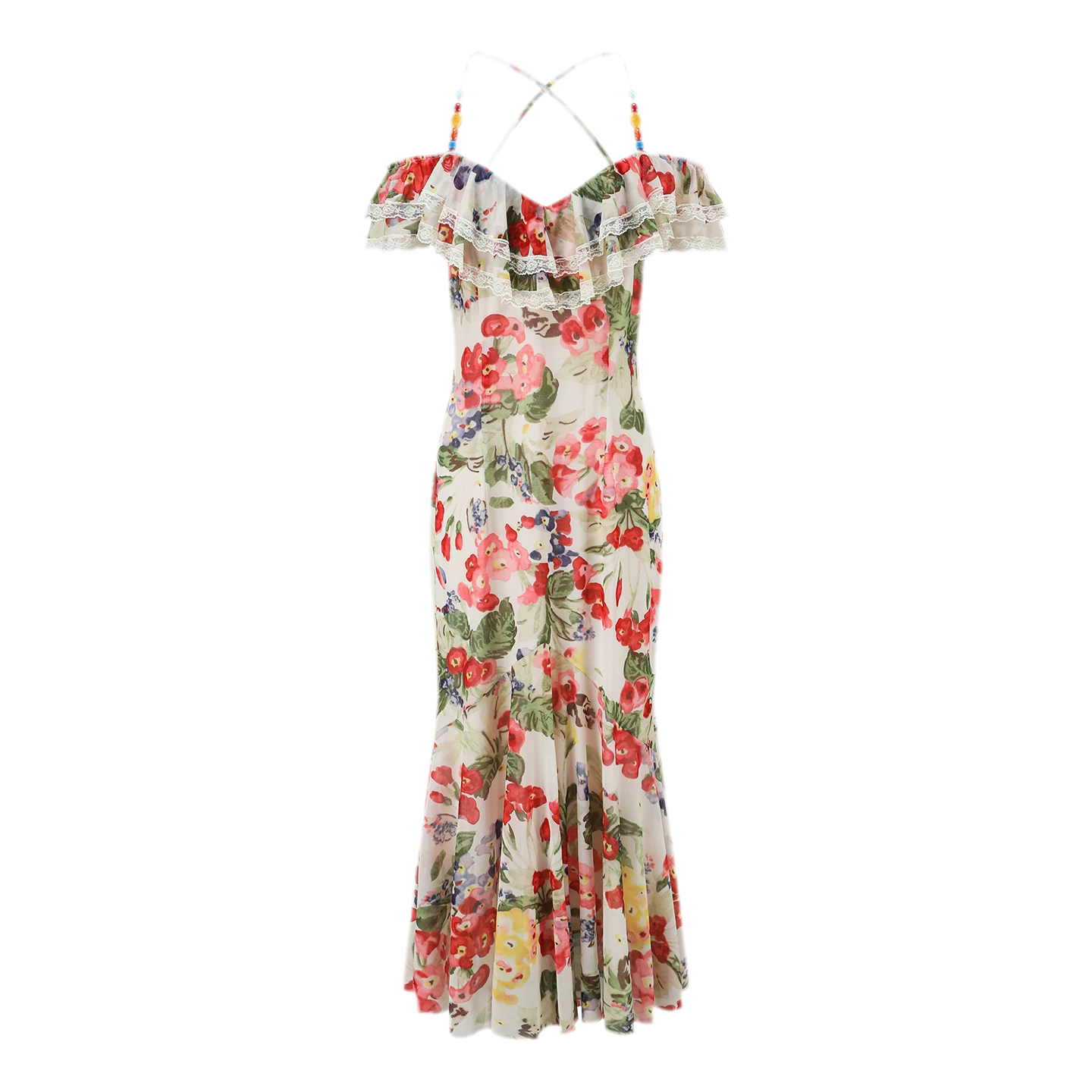 Floral Ruffle Mesh Maxi Dress