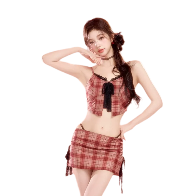 Plaid Lace Trim Bikini Set