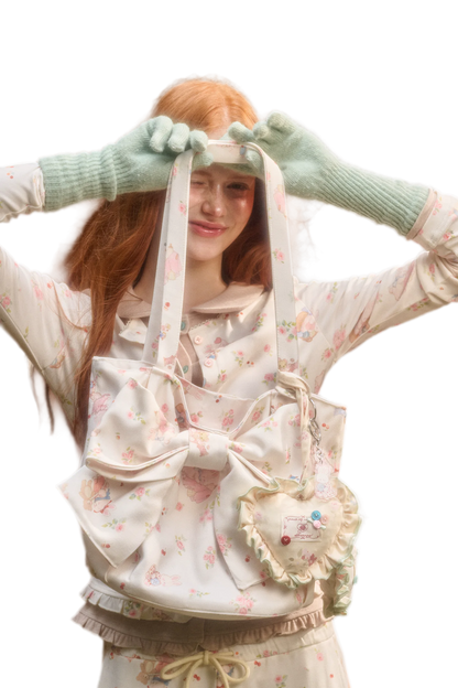 핸드메이드 리본 프린트 토트백