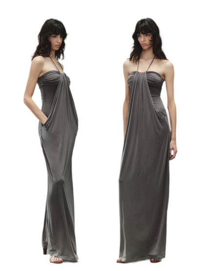 Laisel Handwoven Twist Metallic Chain Pleated Halter Dress