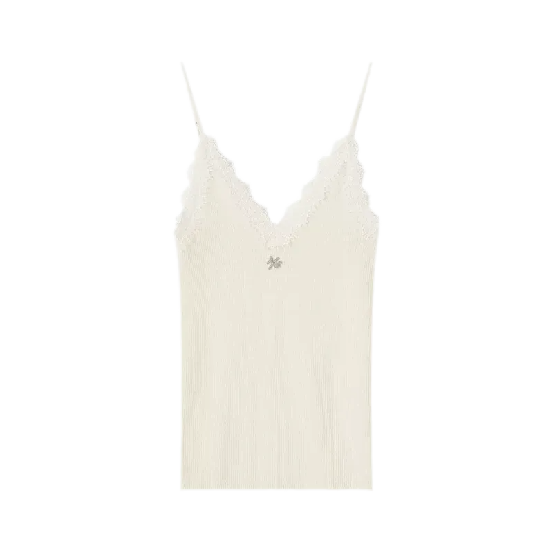 Feinstrick-Camisole aus Wolle mit Spitzenbesatz 100% Wolle