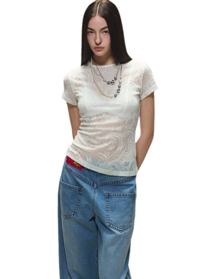 Sheer Wool Lace Paisley Short Sleeve T-shirt
