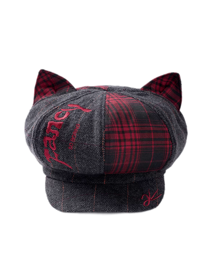 Embroidered Cat-Ear Plaid Newsboy Hat