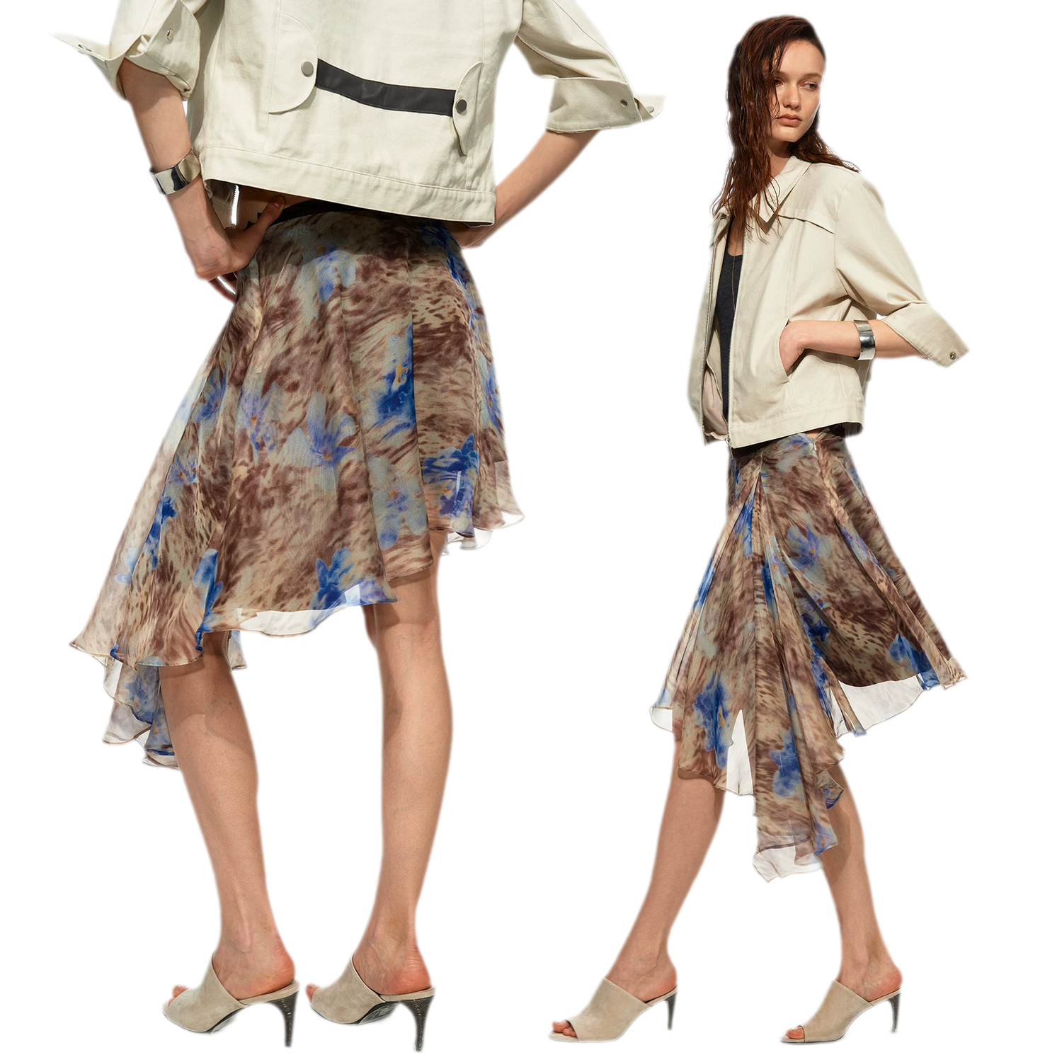 Printed Irregular Hem Chiffon Skirt